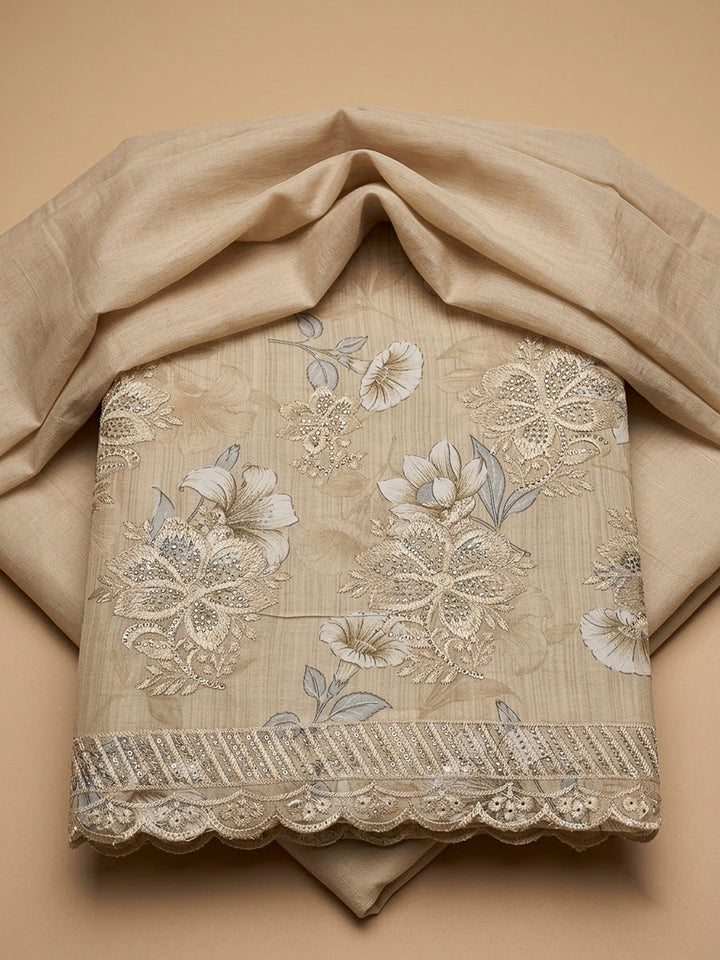 Beige Cotton Blend Printed Unstitched Dress Material