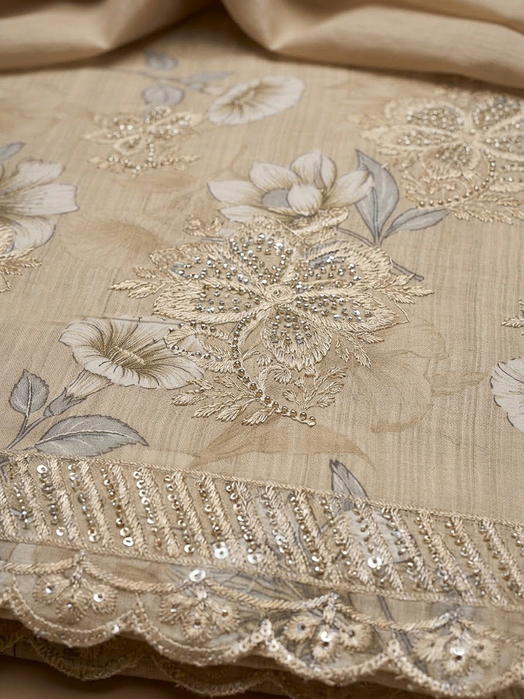 Beige Cotton Blend Printed Unstitched Dress Material
