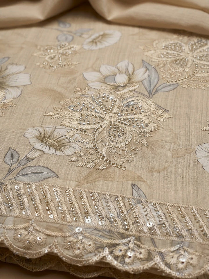 Beige Cotton Blend Printed Unstitched Dress Material