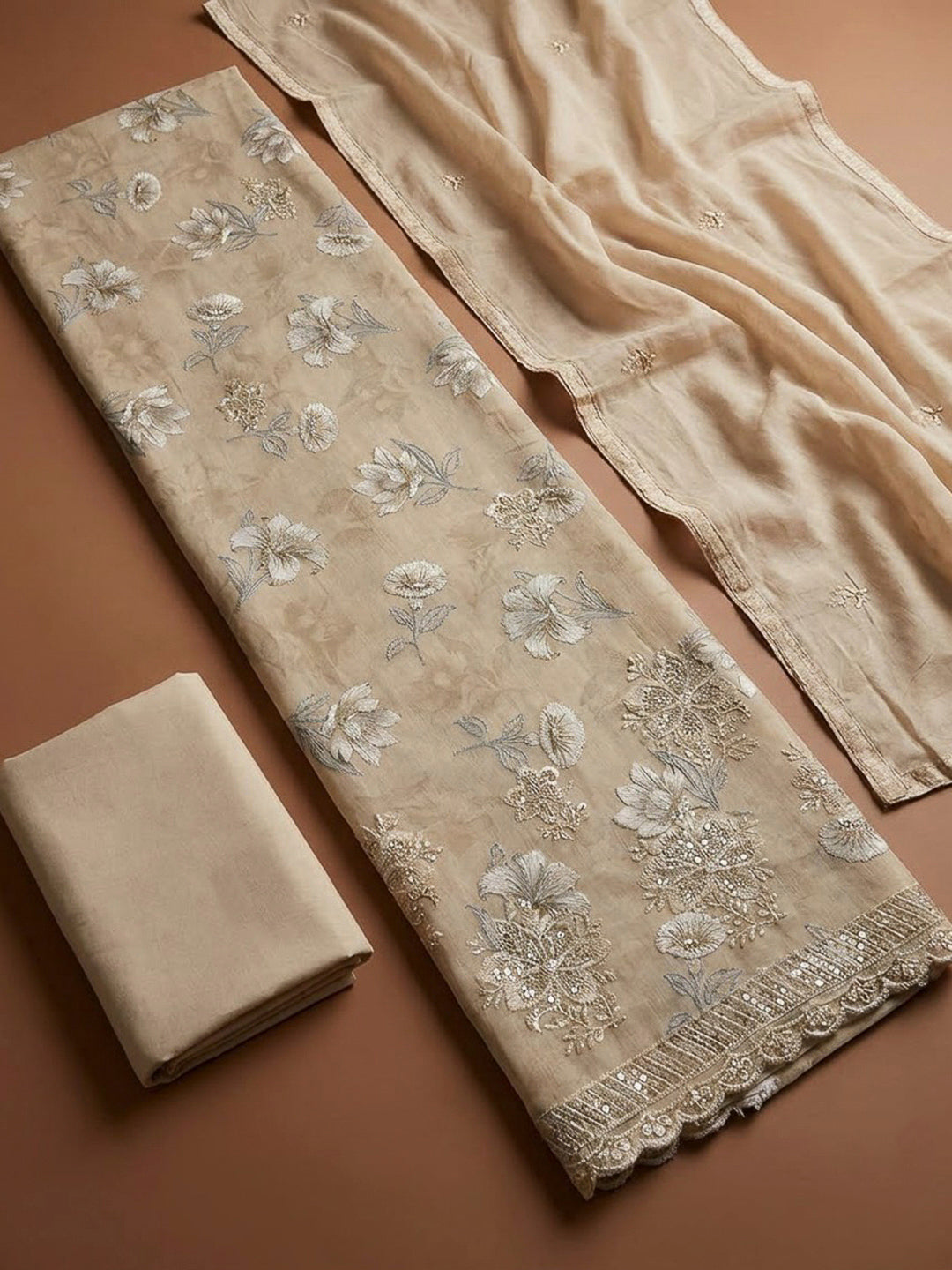 Beige Cotton Blend Printed Unstitched Dress Material