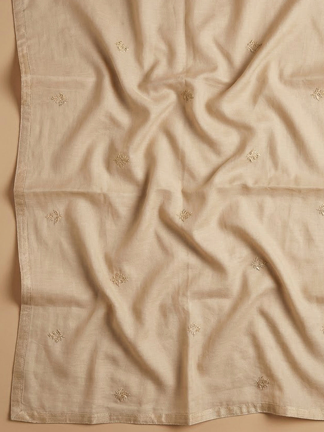 Beige Cotton Blend Printed Unstitched Dress Material