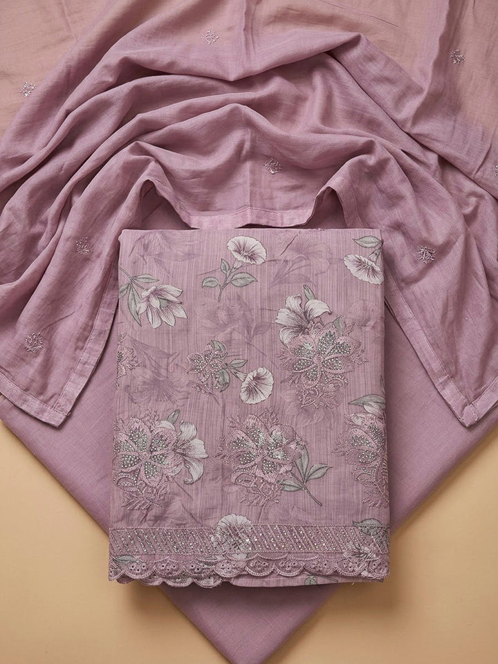 Onion Pink Cotton Blend Printed Unstitched Dress Material