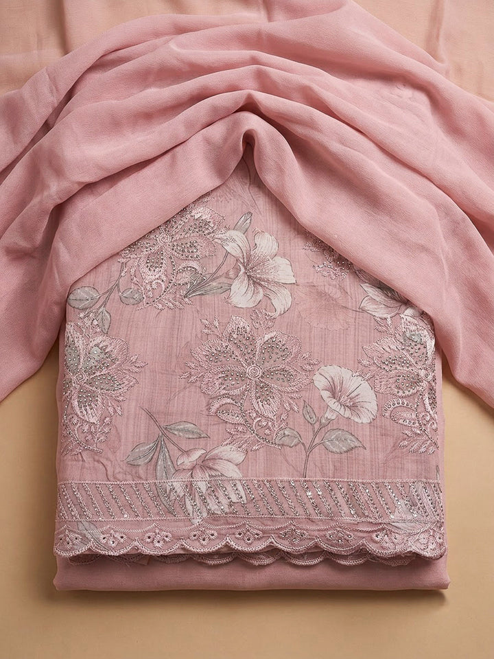 Peach Cotton Blend Printed Unstitched Dress Material