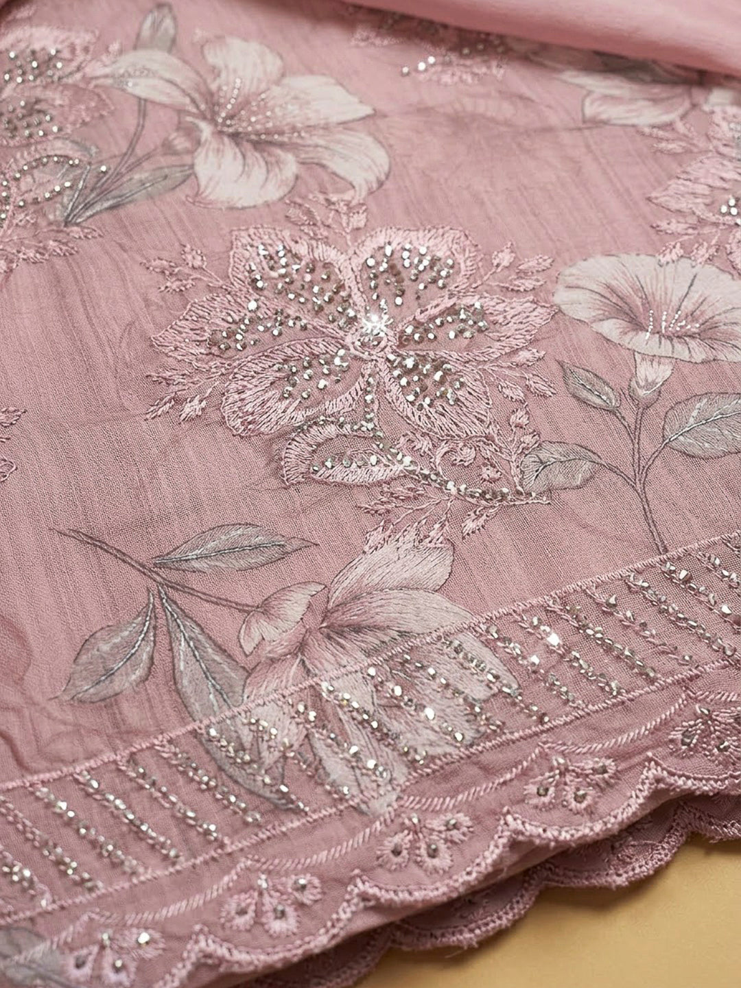 Peach Cotton Blend Printed Unstitched Dress Material