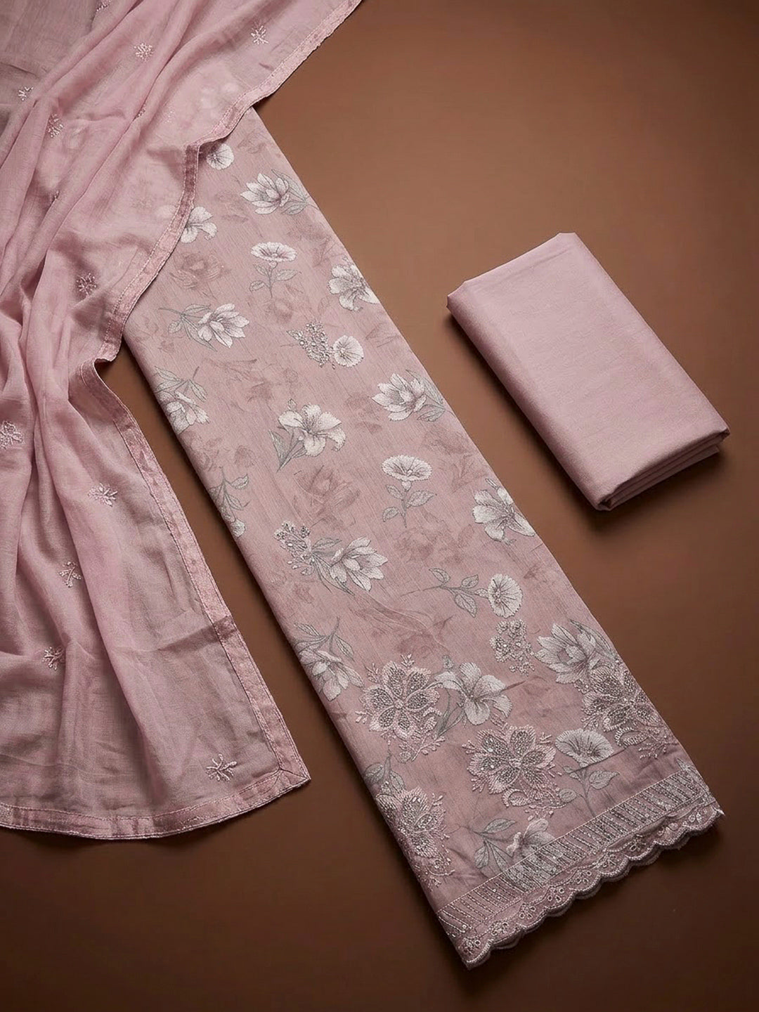 Peach Cotton Blend Printed Unstitched Dress Material