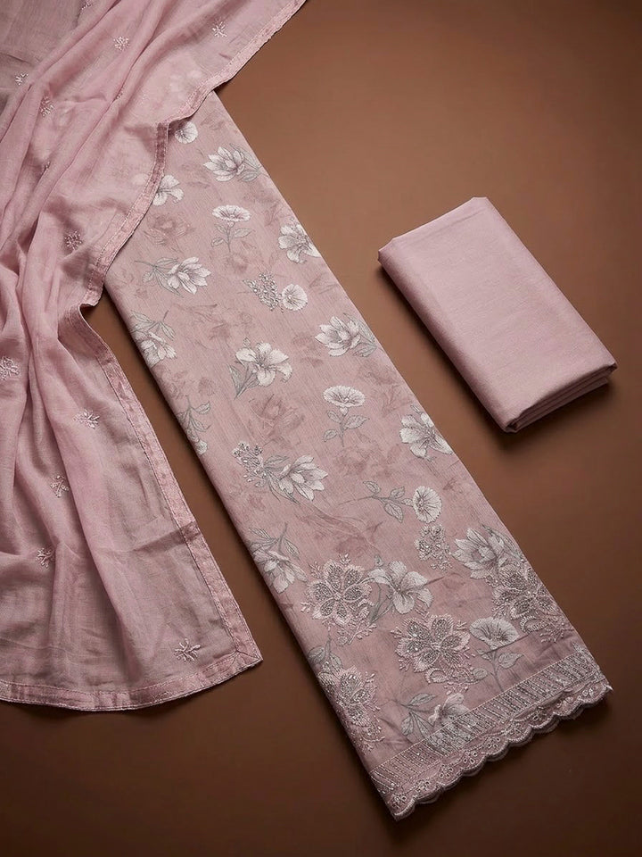Peach Cotton Blend Printed Unstitched Dress Material