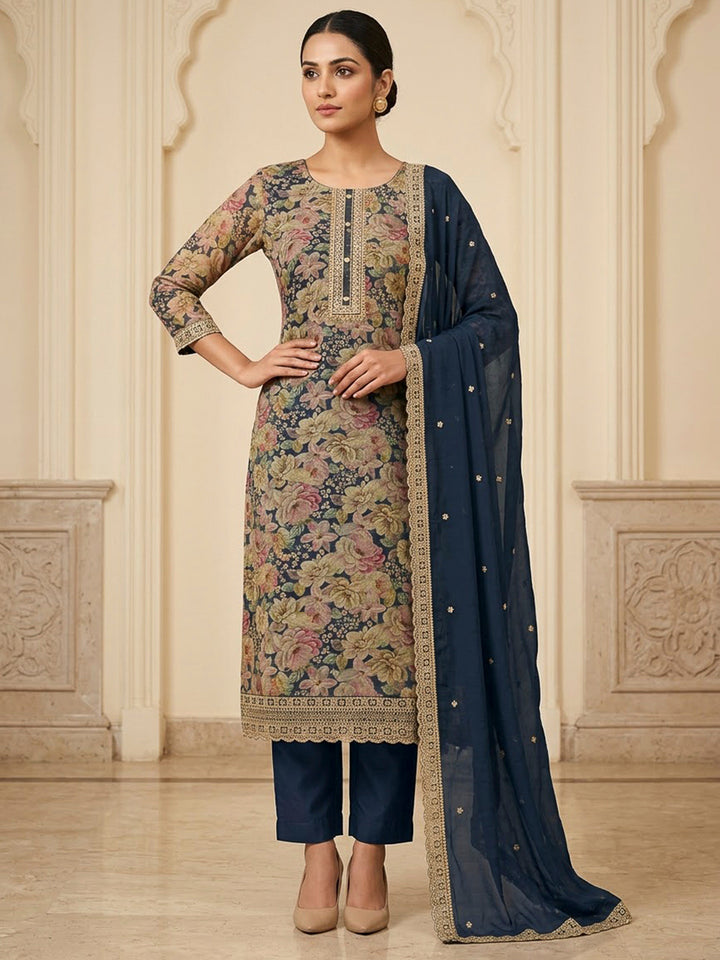 Blue Cotton Blend Printed Unstitched Dress Material