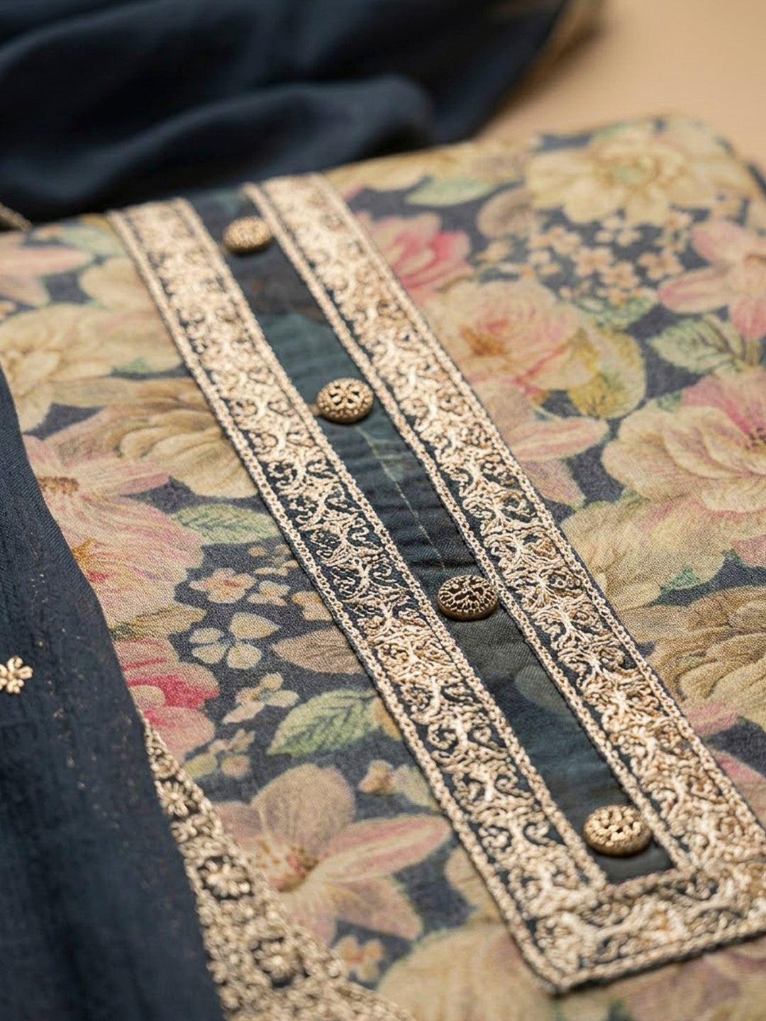 Blue Cotton Blend Printed Unstitched Dress Material