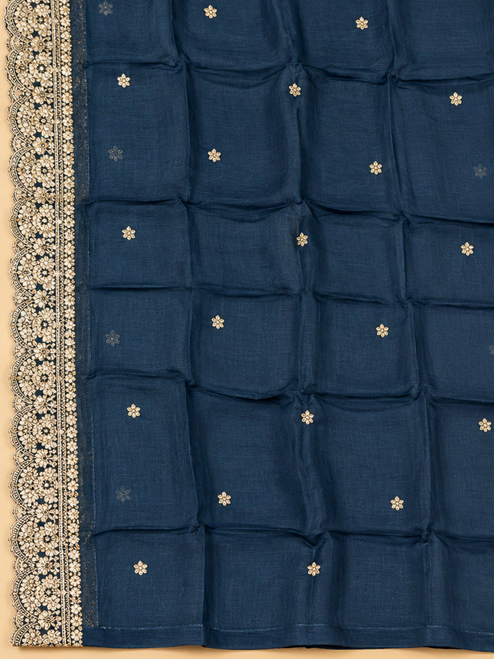 Blue Cotton Blend Printed Unstitched Dress Material