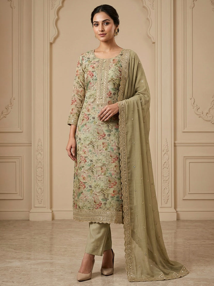 Green Cotton Blend Printed Unstitched Dress Material