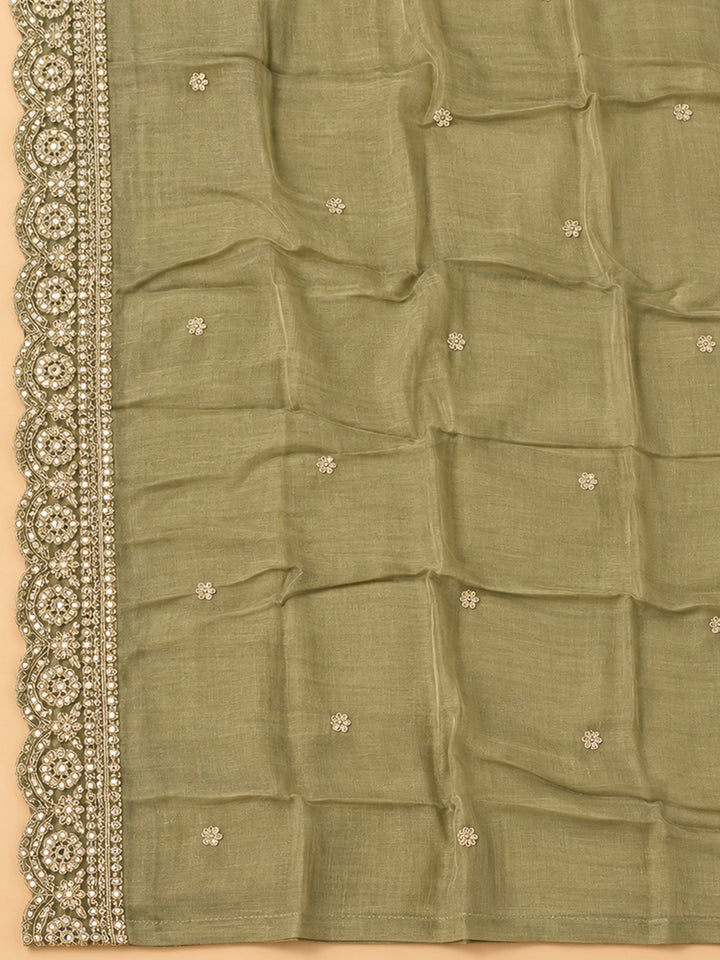 Green Cotton Blend Printed Unstitched Dress Material