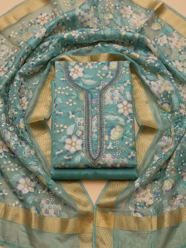 Blue Organza Embroidered Unstitched Dress Material