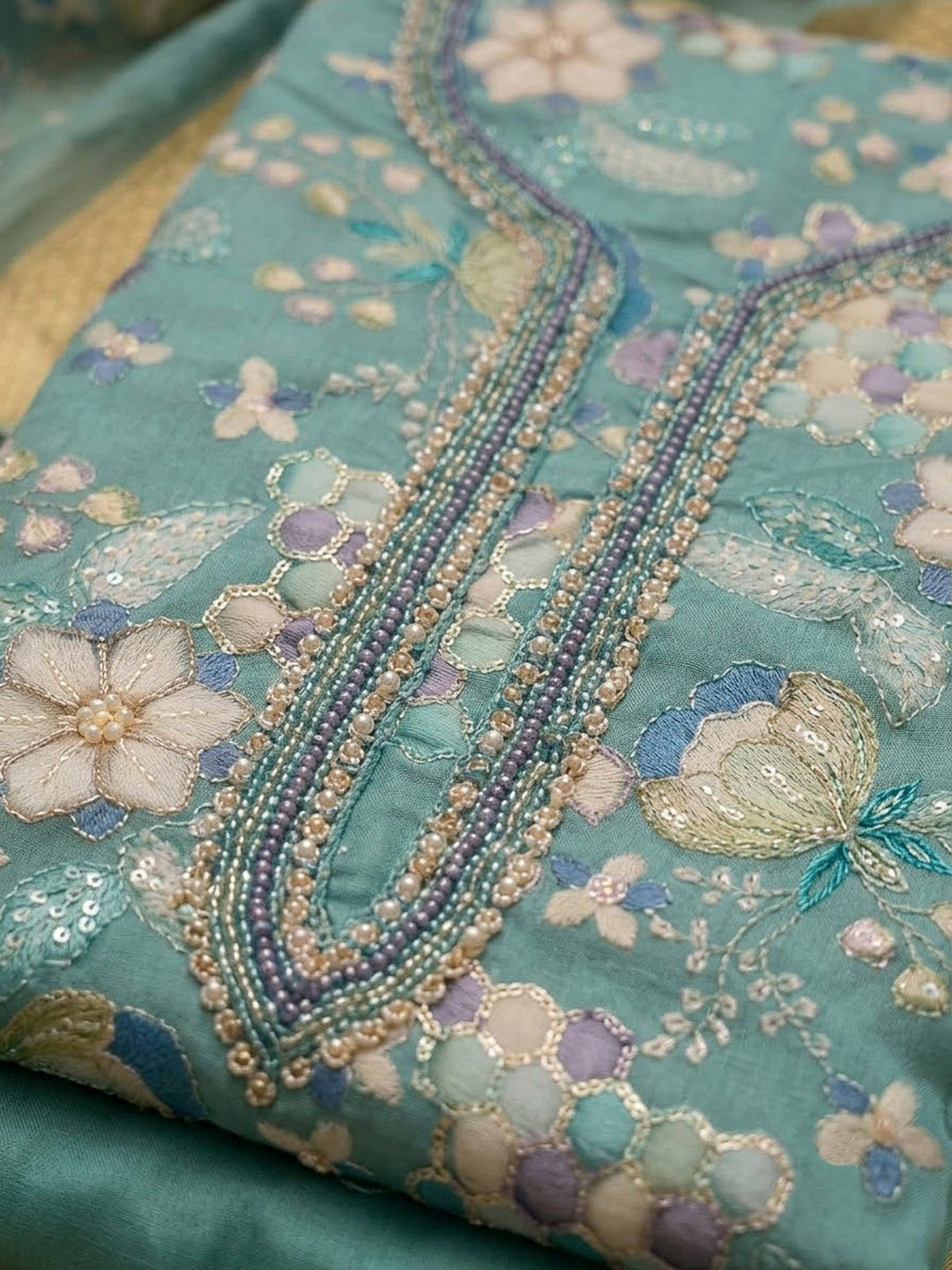 Blue Organza Embroidered Unstitched Dress Material