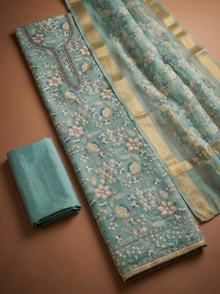 Blue Organza Embroidered Unstitched Dress Material