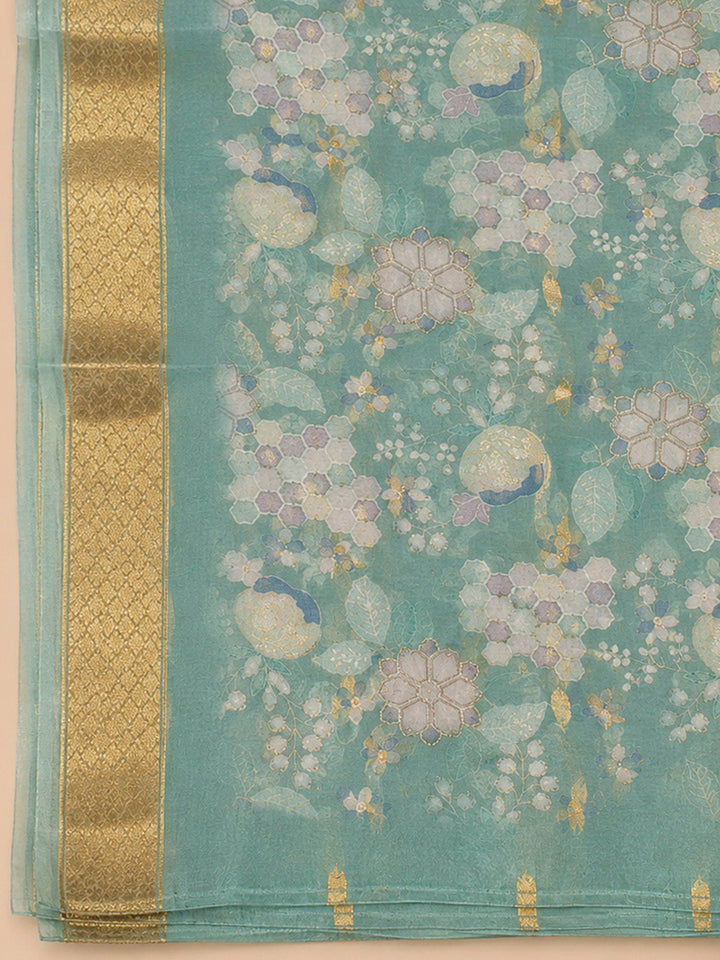 Blue Organza Embroidered Unstitched Dress Material