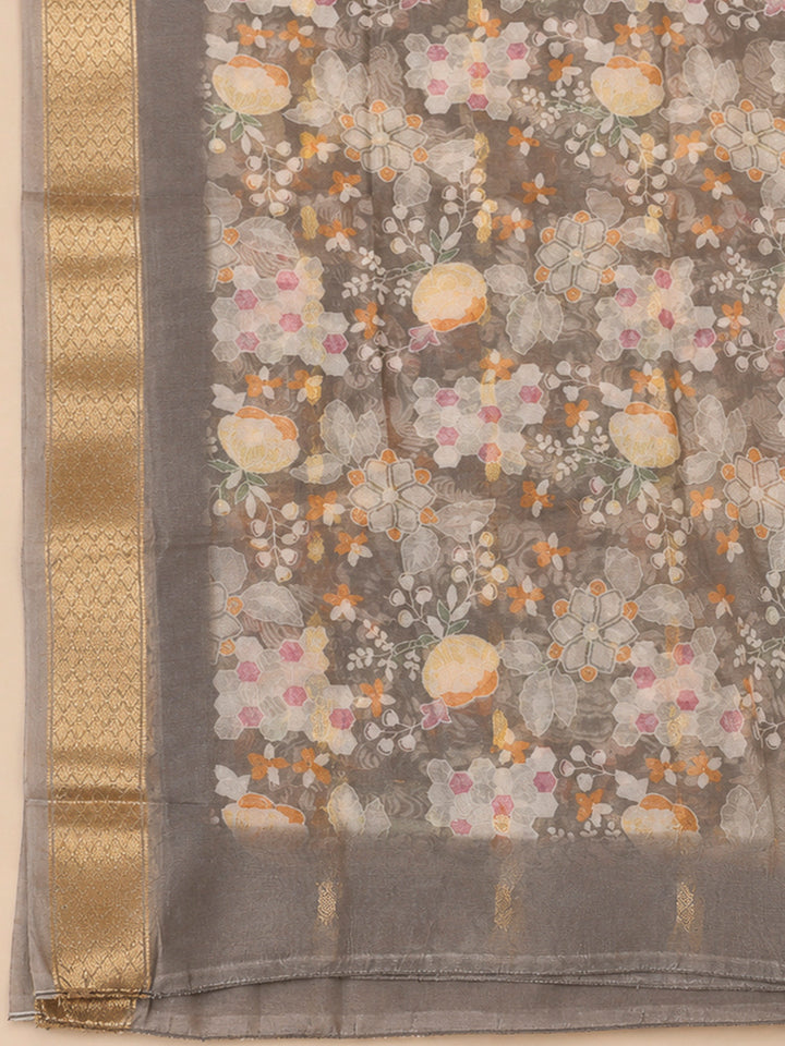 Brown Organza Embroidered Unstitched Dress Material