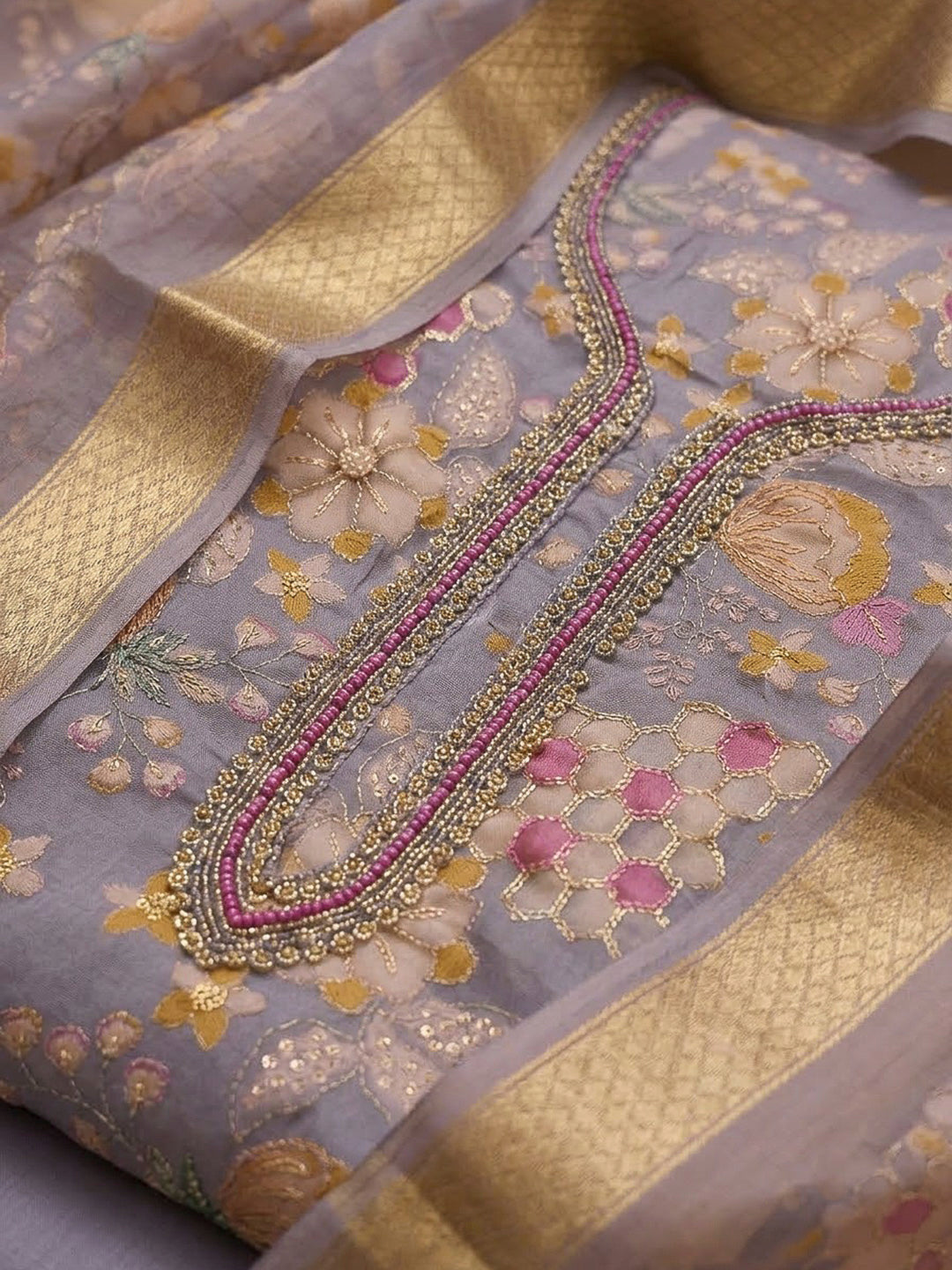Purple Organza Embroidered Unstitched Dress Material