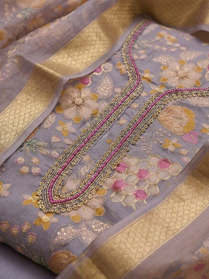 Purple Organza Embroidered Unstitched Dress Material