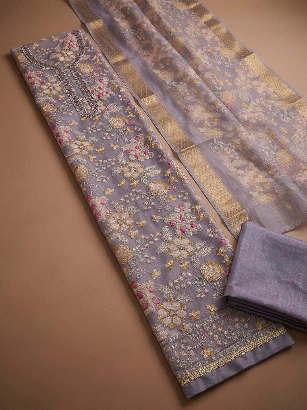 Purple Organza Embroidered Unstitched Dress Material