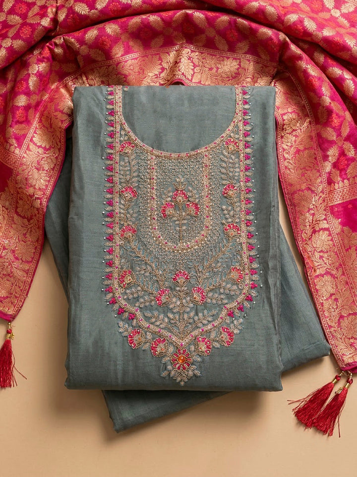 Grey Chanderi Embroidered Unstitched Dress Material