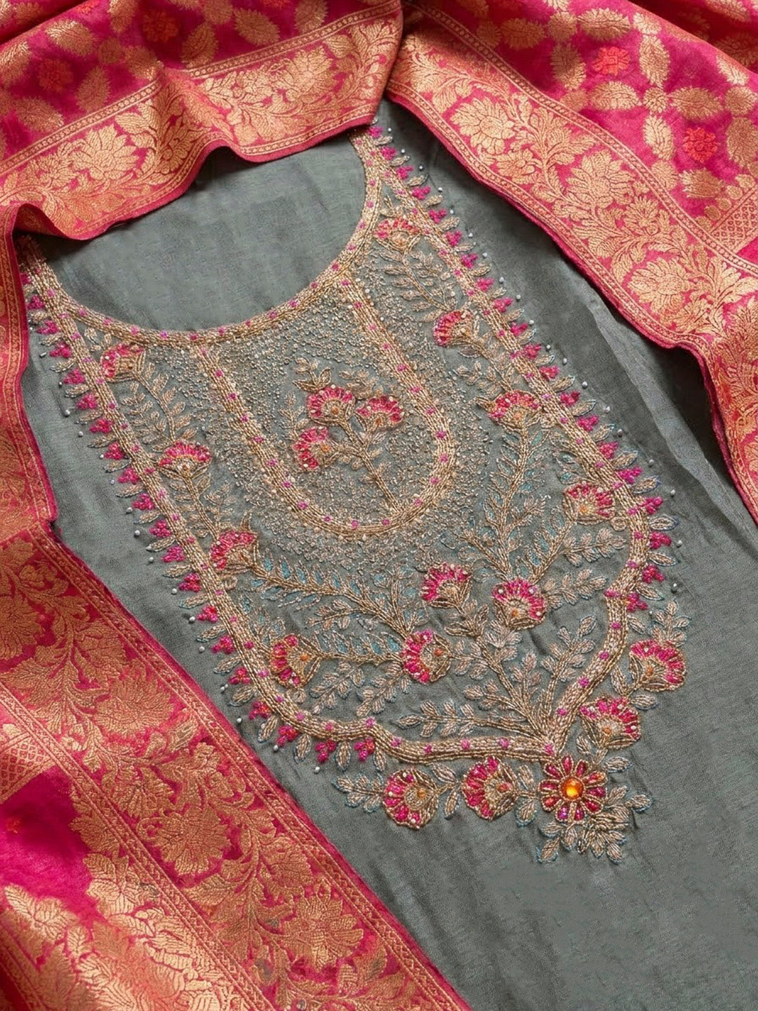 Grey Chanderi Embroidered Unstitched Dress Material