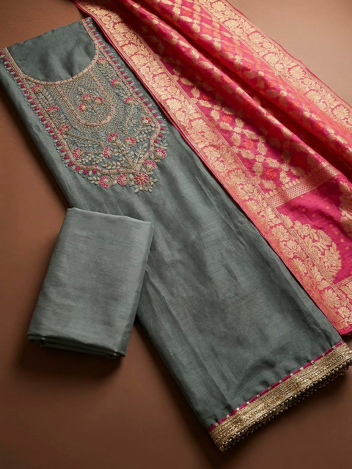 Grey Chanderi Embroidered Unstitched Dress Material