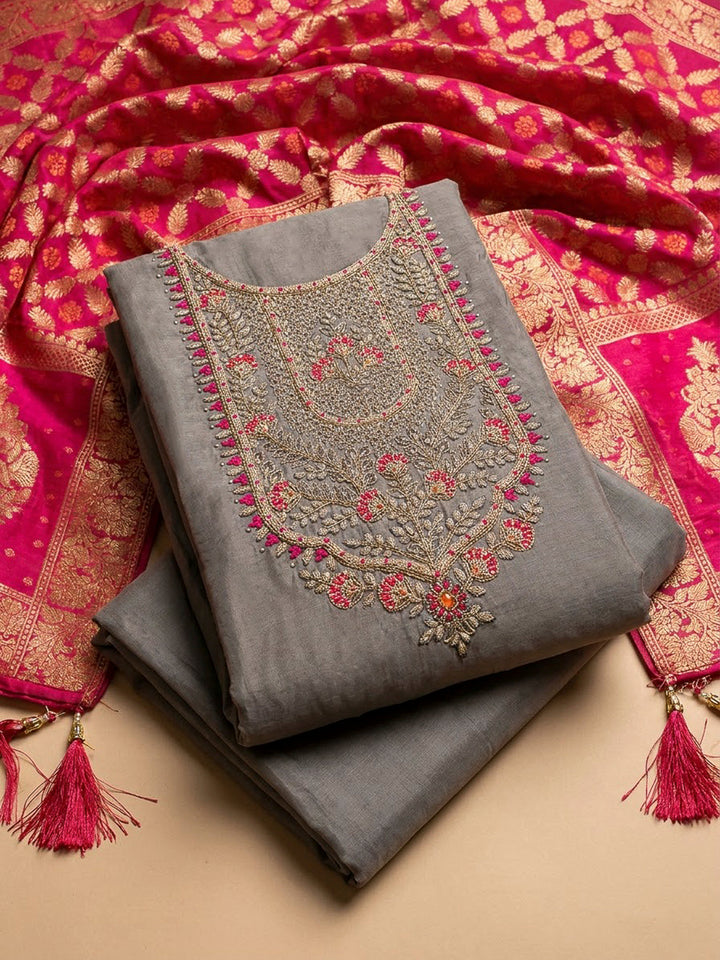 Mouse Chanderi Embroidered Unstitched Dress Material