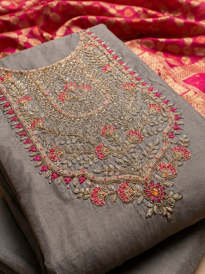 Mouse Chanderi Embroidered Unstitched Dress Material