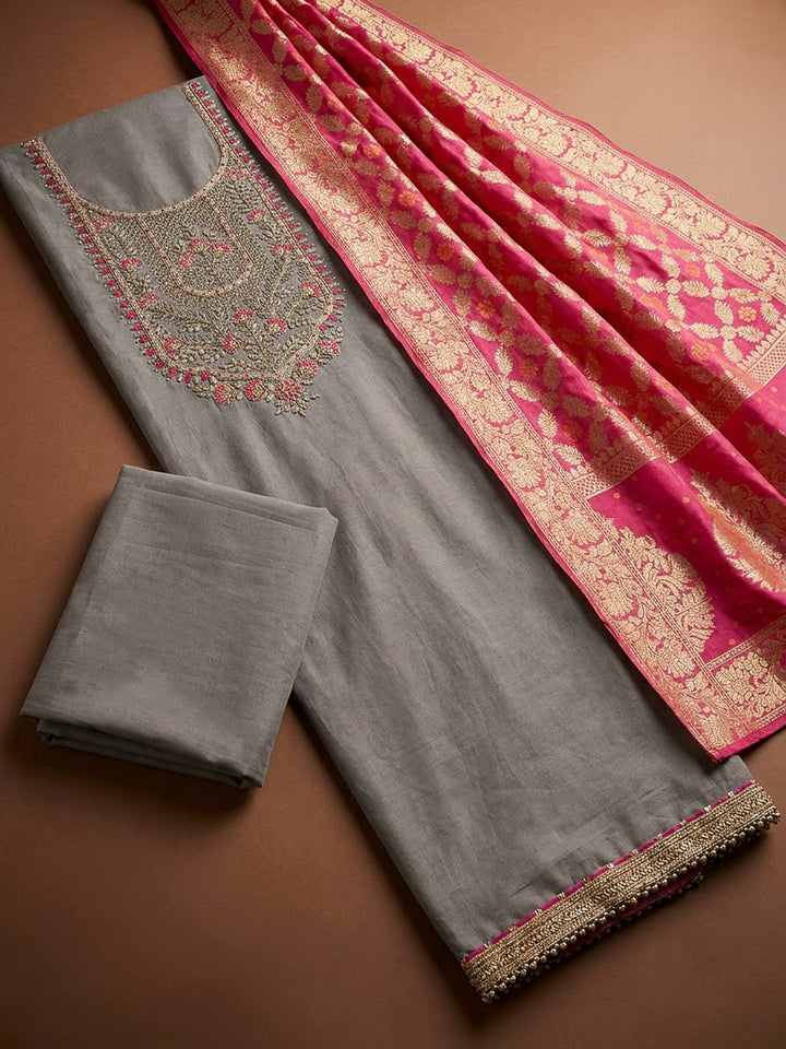 Mouse Chanderi Embroidered Unstitched Dress Material