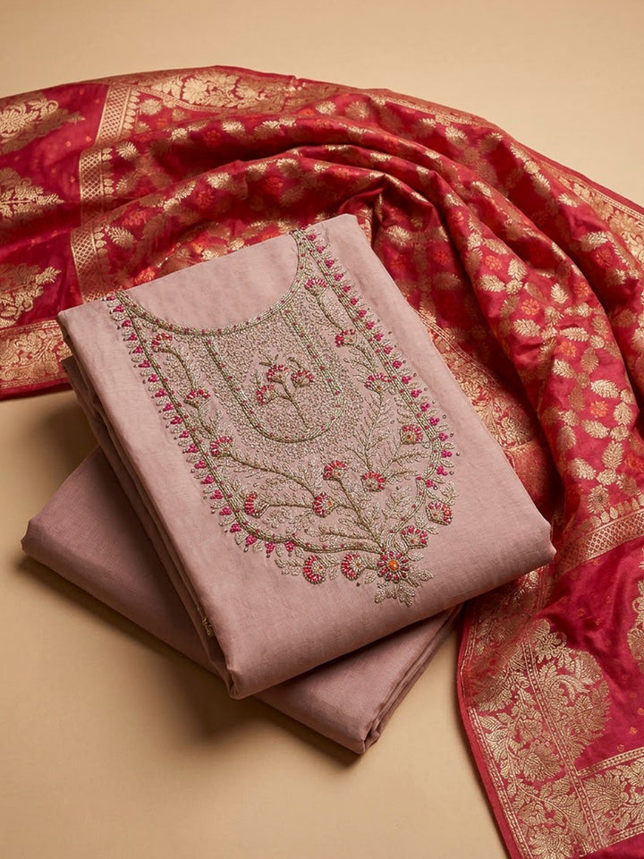 Peach Chanderi Embroidered Unstitched Dress Material