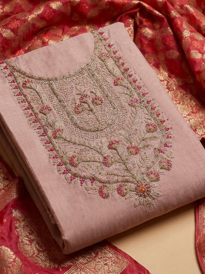 Peach Chanderi Embroidered Unstitched Dress Material