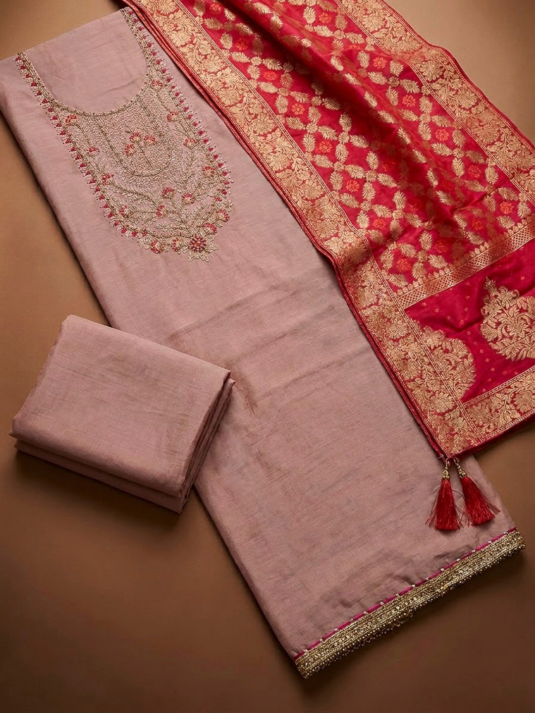 Peach Chanderi Embroidered Unstitched Dress Material