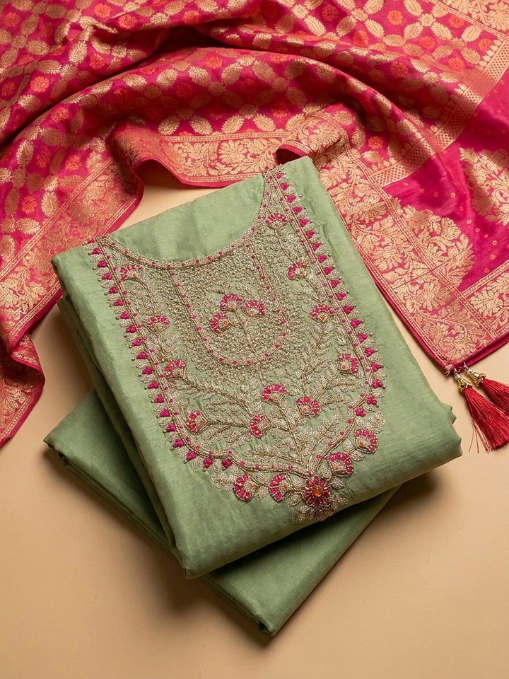 Pista Green Chanderi Embroidered Unstitched Dress Material