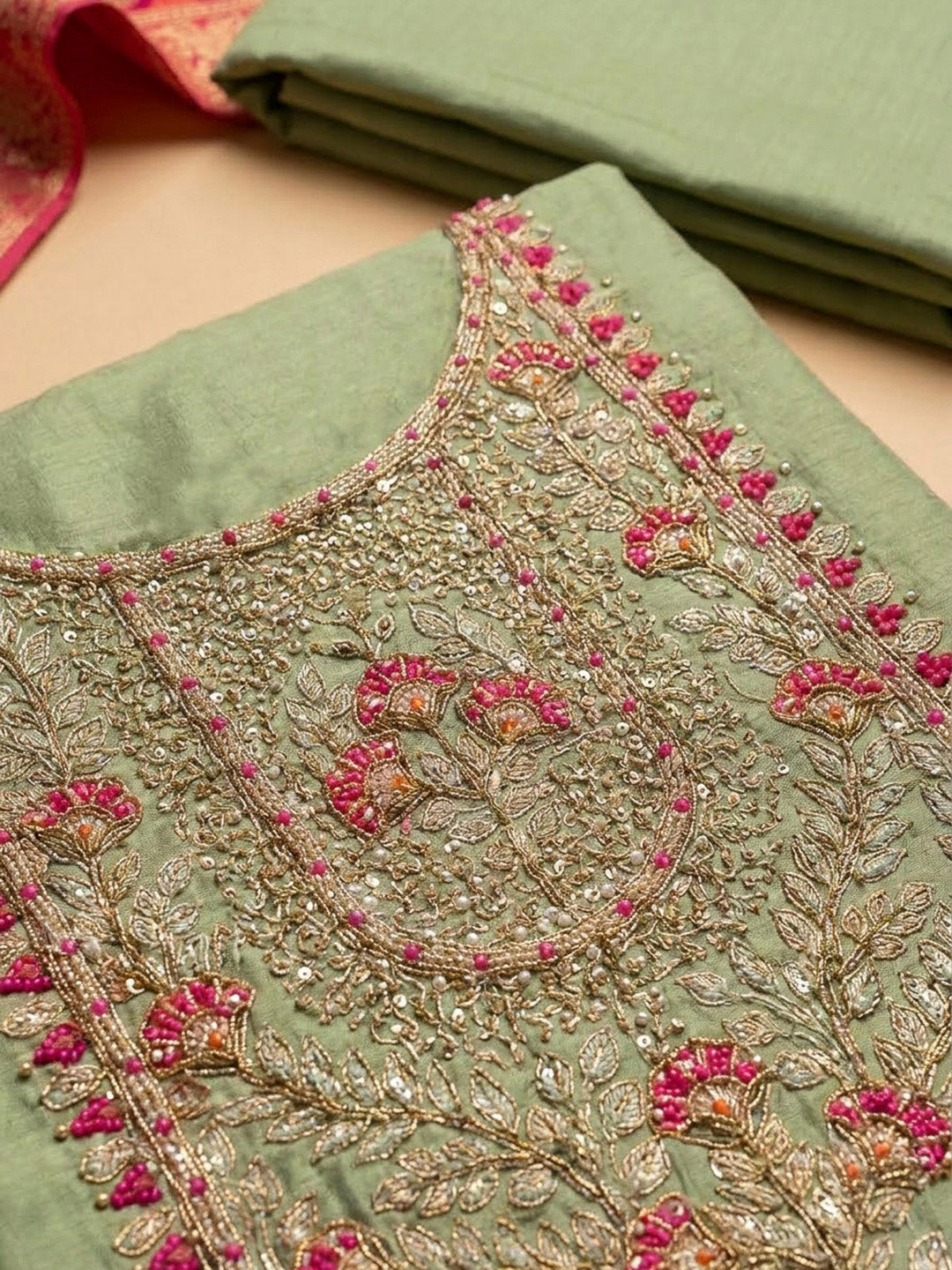 Pista Green Chanderi Embroidered Unstitched Dress Material