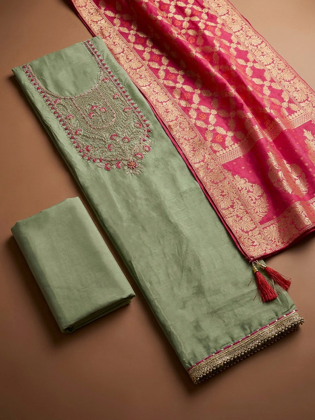 Pista Green Chanderi Embroidered Unstitched Dress Material