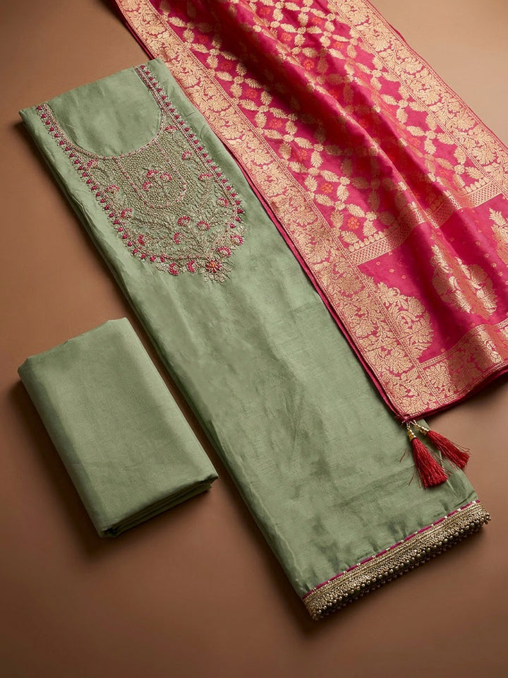 Pista Green Chanderi Embroidered Unstitched Dress Material
