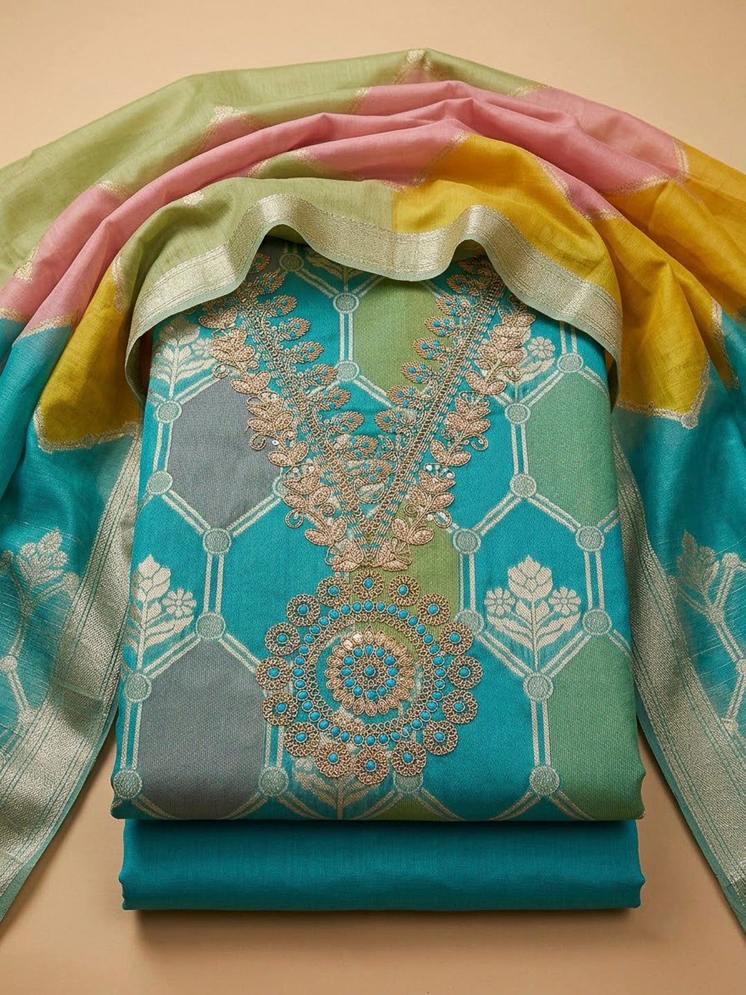 Firozee Chanderi Embroidered Unstitched Dress Material