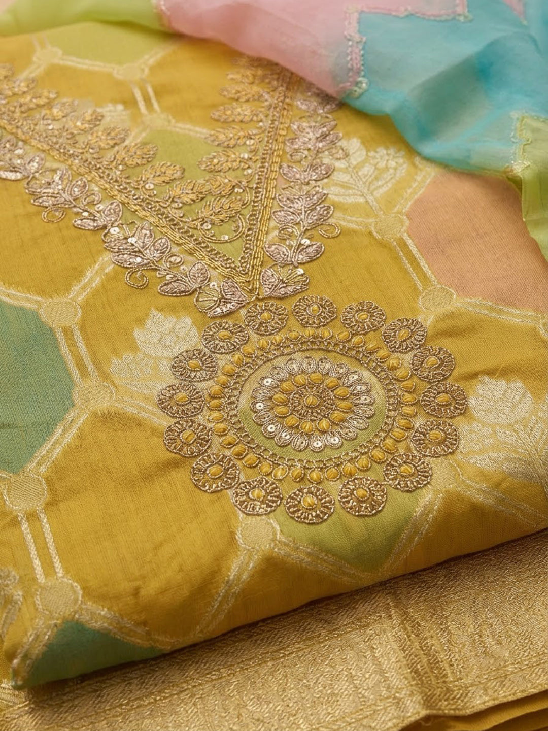 Mustard Chanderi Embroidered Unstitched Dress Material