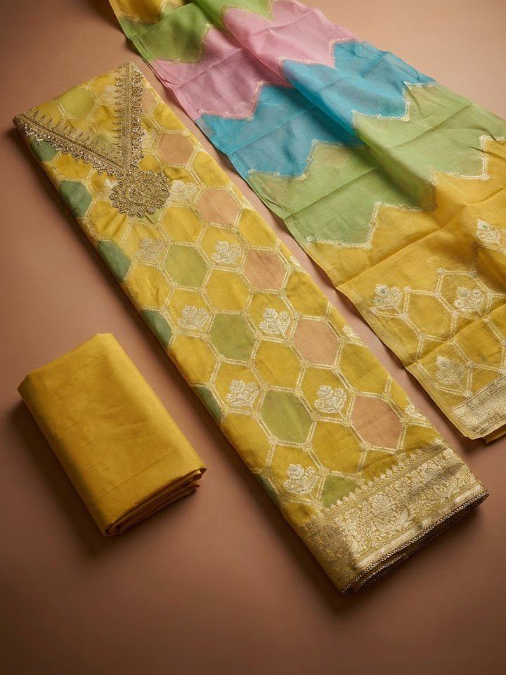 Mustard Chanderi Embroidered Unstitched Dress Material