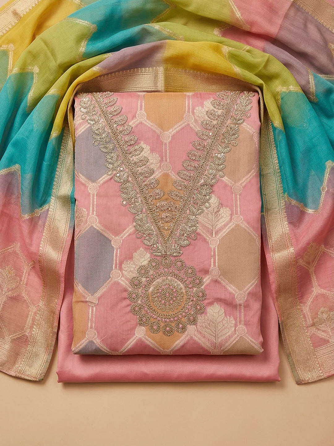 Peach Chanderi Embroidered Unstitched Dress Material