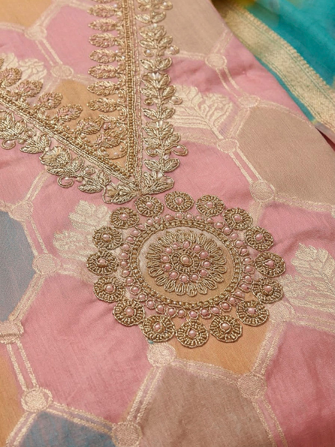 Peach Chanderi Embroidered Unstitched Dress Material