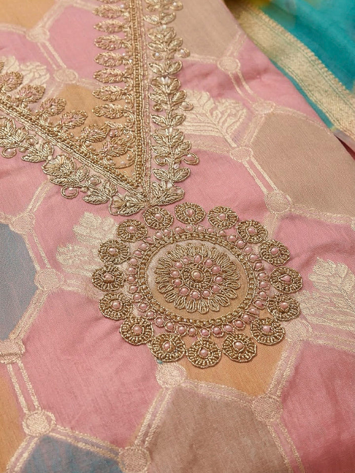 Peach Chanderi Embroidered Unstitched Dress Material
