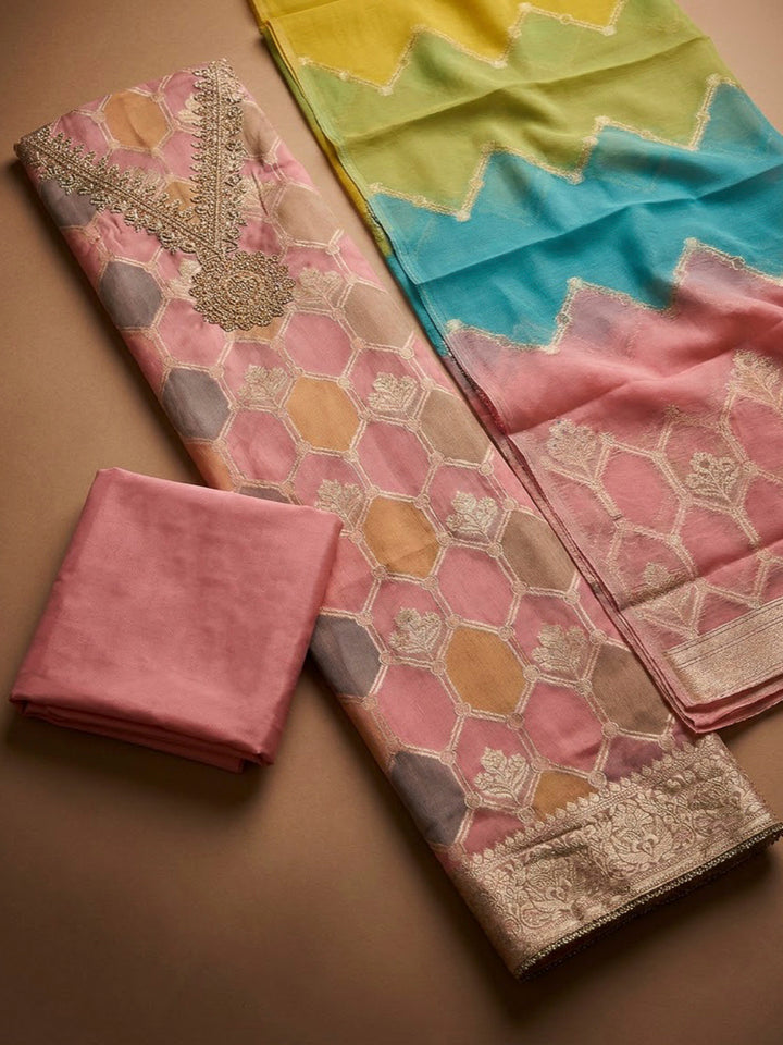 Peach Chanderi Embroidered Unstitched Dress Material