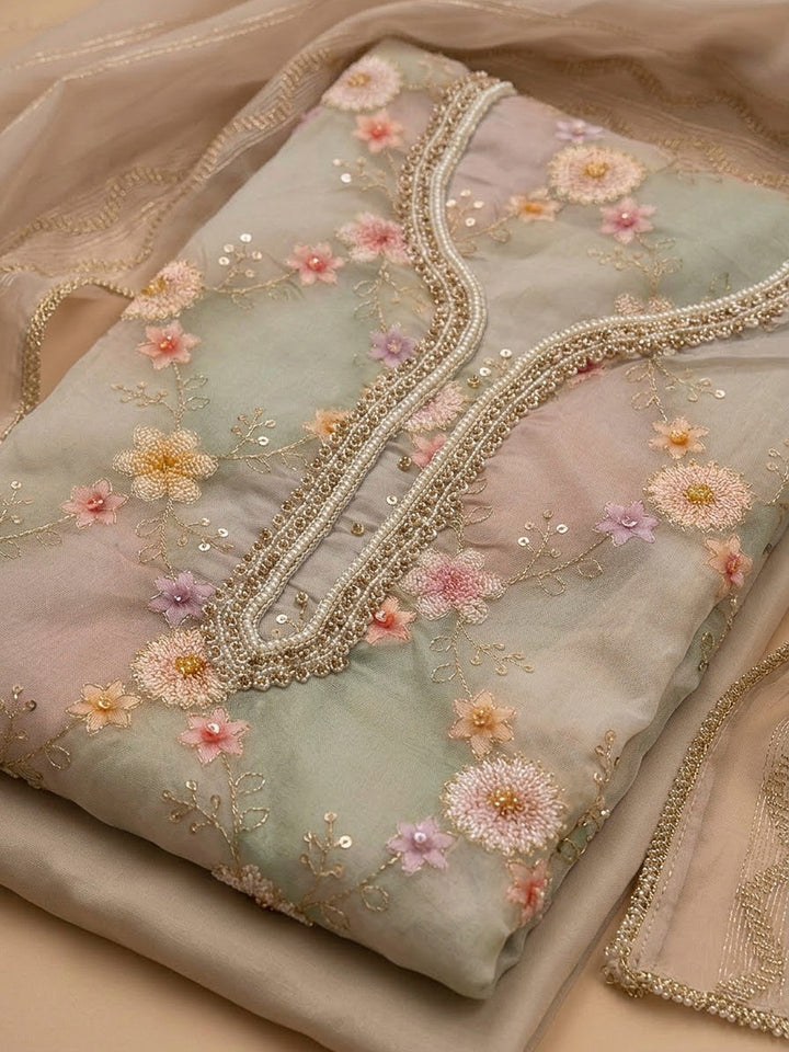 Cream Chanderi Embroidered Unstitched Dress Material