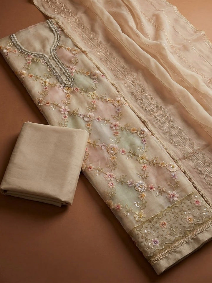 Cream Chanderi Embroidered Unstitched Dress Material