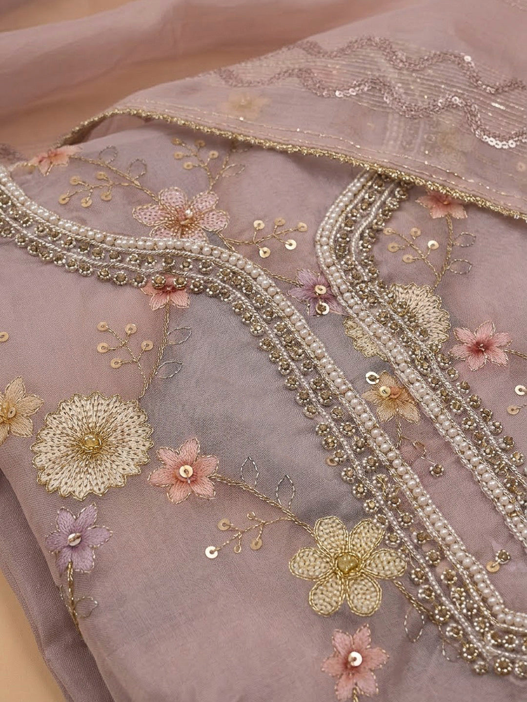 Onion Pink Chanderi Embroidered Unstitched Dress Material