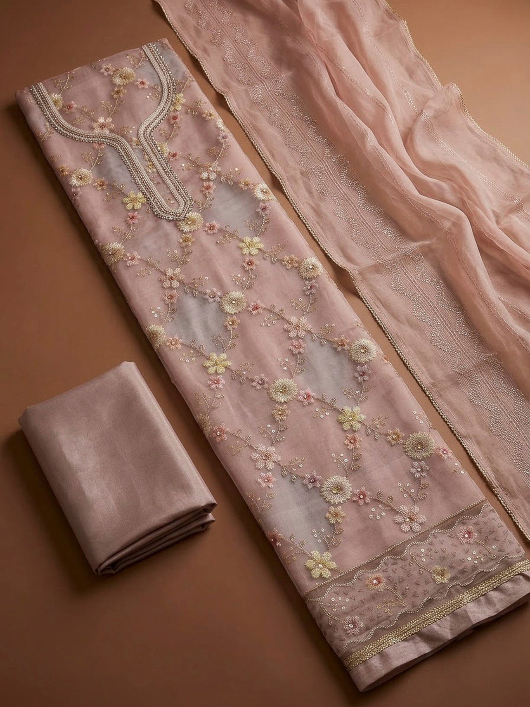 Onion Pink Chanderi Embroidered Unstitched Dress Material