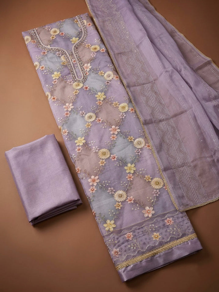 Purple Chanderi Embroidered Unstitched Dress Material