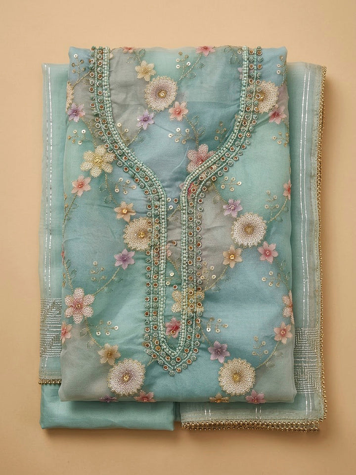 Sky Blue Chanderi Embroidered Unstitched Dress Material