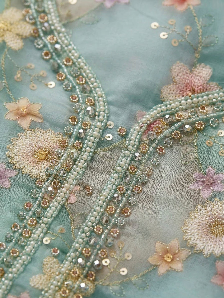 Sky Blue Chanderi Embroidered Unstitched Dress Material